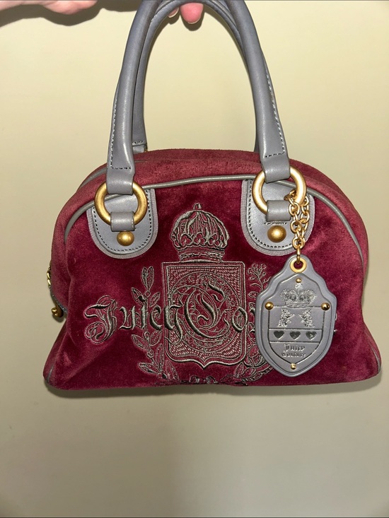 Juicy Couture Handbags - Juicy Couture Burgundy Velvet Satchel with Gray Leather Trim
